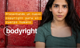 Mujer con texto de la campaña bodyright de unfpa "presentando un nuevo copyright sobre el cuerpo humano"