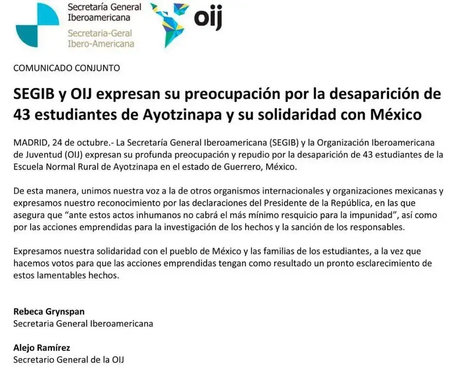 SEGIB y OIJ expresan su preocupación por la desaparición de 43 estudiantes de Ayotzinapa y su solidaridad con México.